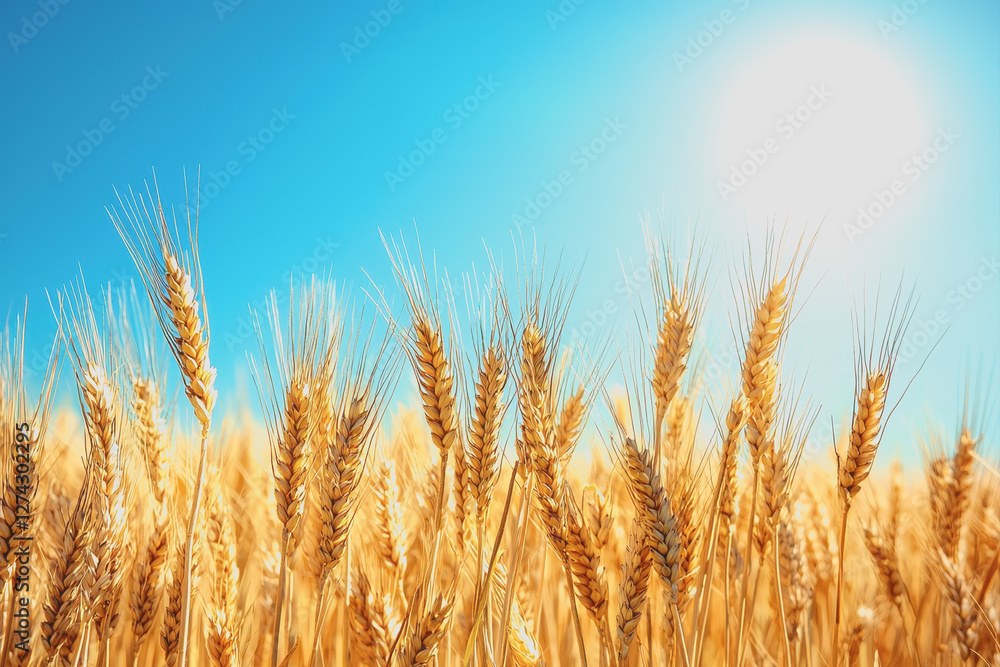 Wheat field with sunlight shining through clouds and blue sky background during golden hour Wheat field with sunlight shining through clouds and blue sky background during golden hour