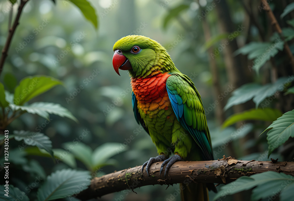 Naklejka premium Colorful parrot with green leaves