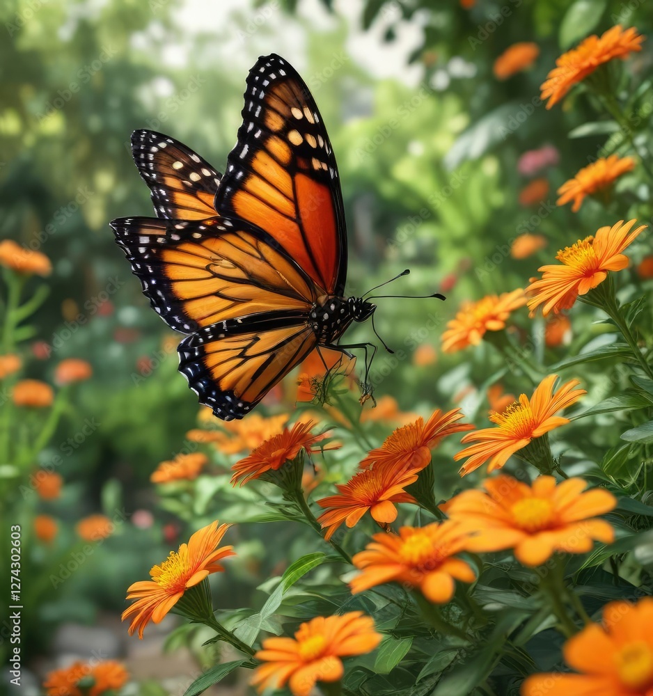 Obraz premium colorful monarch butterfly lands on a bright orange bloom in a lush garden scene with blurred greenery, beauty, wildlife