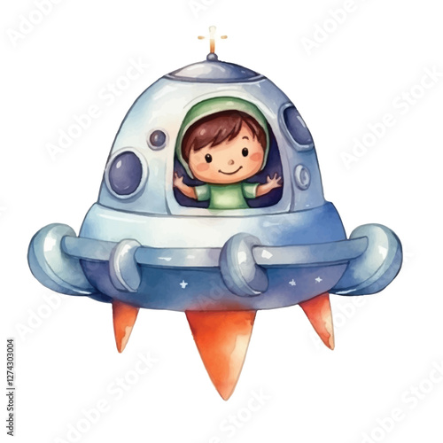 watercolors Cute astronaut riding ufo spaceship illustration 