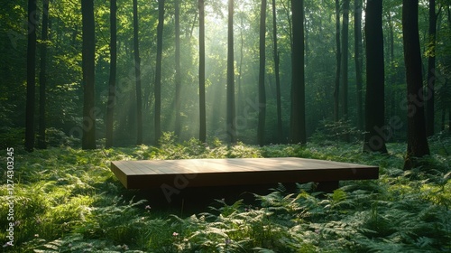 Serene wooden platform in a lush green forest, surrounded by tall trees and soft sunlight filtering through