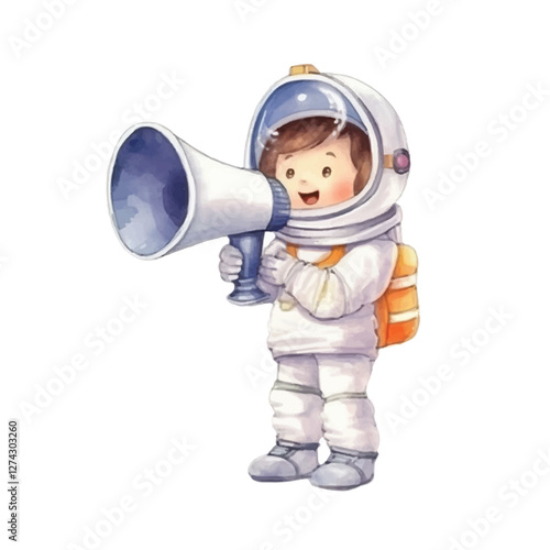 watercolors Cute astronaut speaking with megaphone illustration 