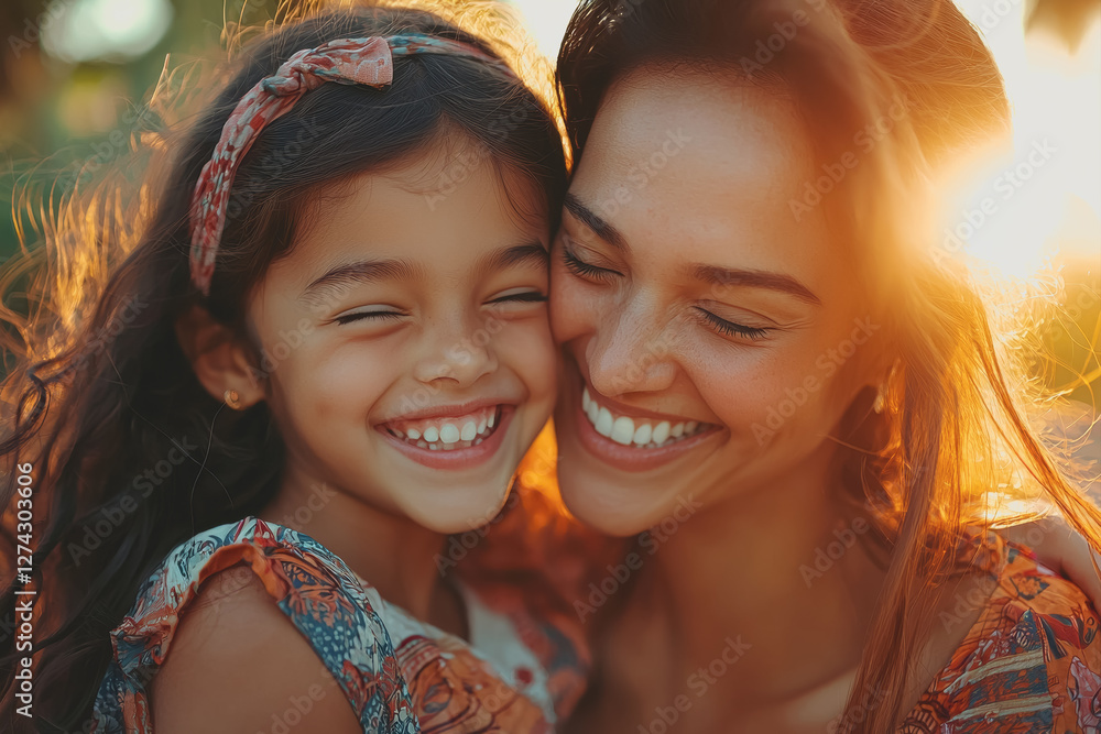 Fototapeta premium Mother and daughter smiling together during a beautiful sunset on a warm evening outdoors
