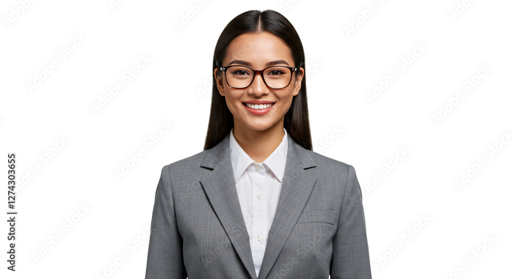 Professional Smiling Businesswoman in a Gray Suit Wearing Glasses Isolated on a Transparent Background. Professional Smiling Businesswoman in a Gray Suit Wearing Glasses Isolated on a Transparent Background.