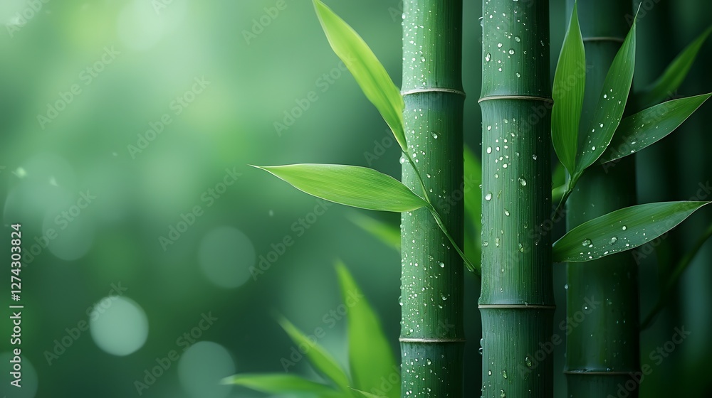Obraz premium Carefully arranged thin bamboo stems in fresh green tones with soft blurred edges creating a simple minimalist natural composition with ample copy space for text overlay