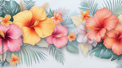 Wallpaper Mural A stunning 3D hibiscus border with lush, overlapping petals, a glossy finish, and rich tropical hues, perfect for elegant framing. Torontodigital.ca