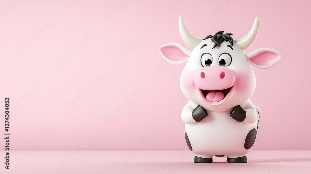 Fototapeta premium A stylish 3D cow cartoon icon with exaggerated features, glossy textures, and a fun and modern aesthetic, ideal for branding.