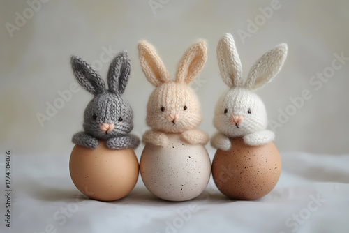 Easter Bunny Trio: Adorable knitted bunnies nestled in eggshell cradles, a delightful display of Easter cheer, celebrating the arrival of spring with whimsical charm.  photo