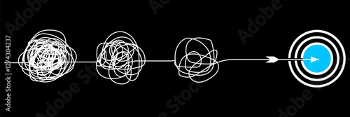 Continuous one line drawing of chaos tangle which gradually turns into achievement target, problem solving concept, trouble. Vector illustration in black background.