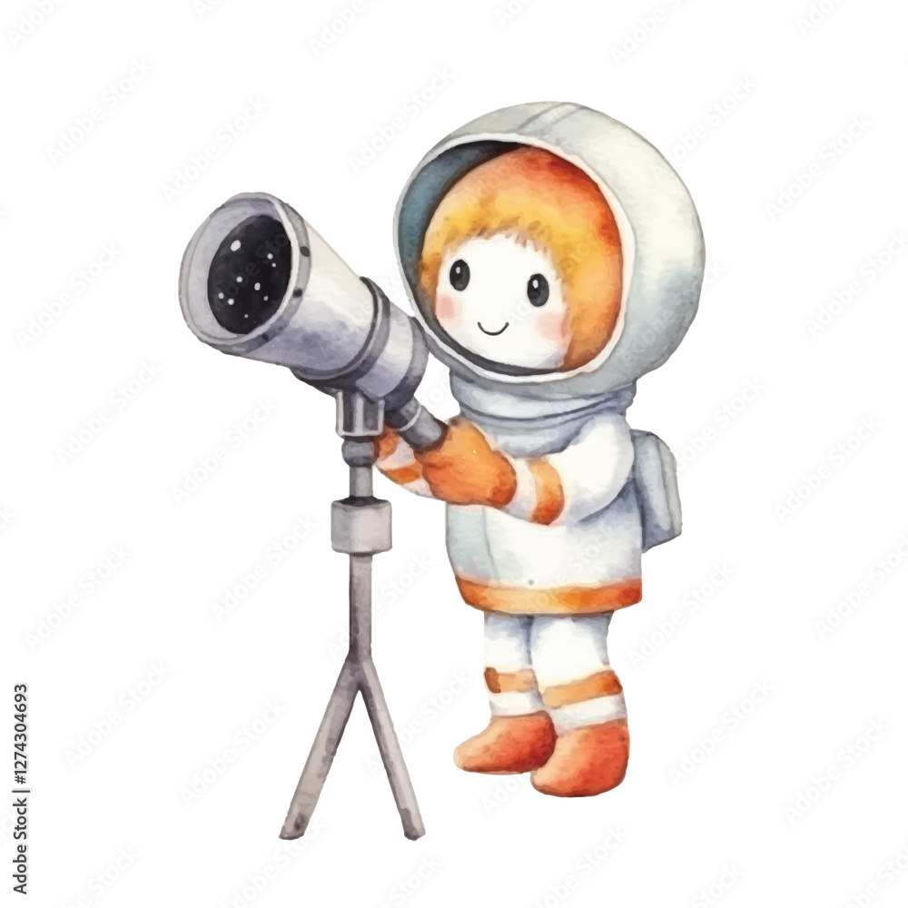 watercolors Cute astronaut with telescope illustration watercolors Cute astronaut with telescope illustration