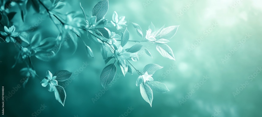 Delicate Spring Soft Focus Floral Background With Turquoise Green Leaves And Blossoms Delicate Spring Soft Focus Floral Background With Turquoise Green Leaves And Blossoms