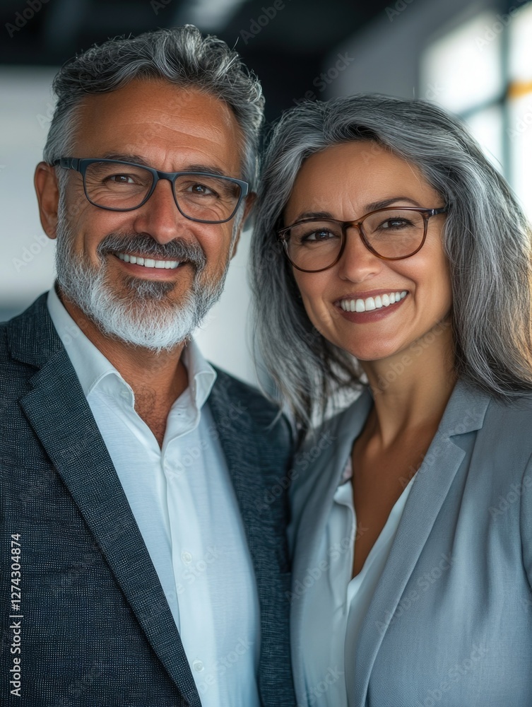 A man and a woman, both smiling warmly, dressed smartly for business, standing close together. A man and a woman, both smiling warmly, dressed smartly for business, standing close together.