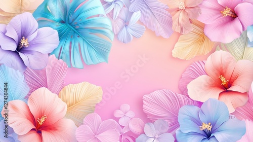 A vibrant 3D-rendered Hawaiian banner with tropical floral patterns, soft gradient hues, and flowing fabric texture, perfect for festive designs.