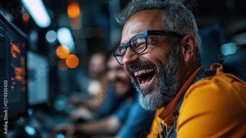 A man with glasses enjoying a moment of joy and laughter in a modern workspace, surrounded by soft glowing lights indicative of a lively work environment with colleagues. photo