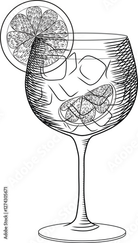 Spritz or limoncello cocktail vector illustration in sketch style. Hand drawn line art for menu and recipes. Monochrome engraving of traditional Italian aperitif.	