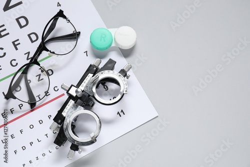 Quadro su tela Glasses, trial frame, lenses and vision test chart on gray background, flat lay