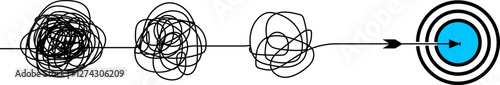 Continuous one line drawing of chaos tangle which gradually turns into achievement target, problem solving concept, trouble. Vector illustration in white background.