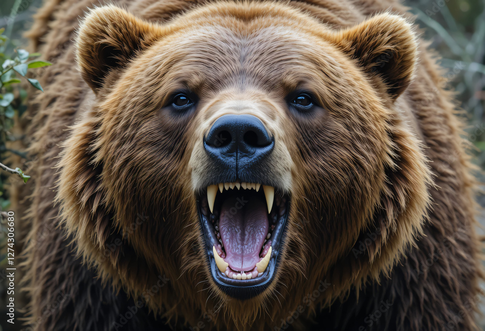 Obraz premium Brown grizzly bear close up with roar