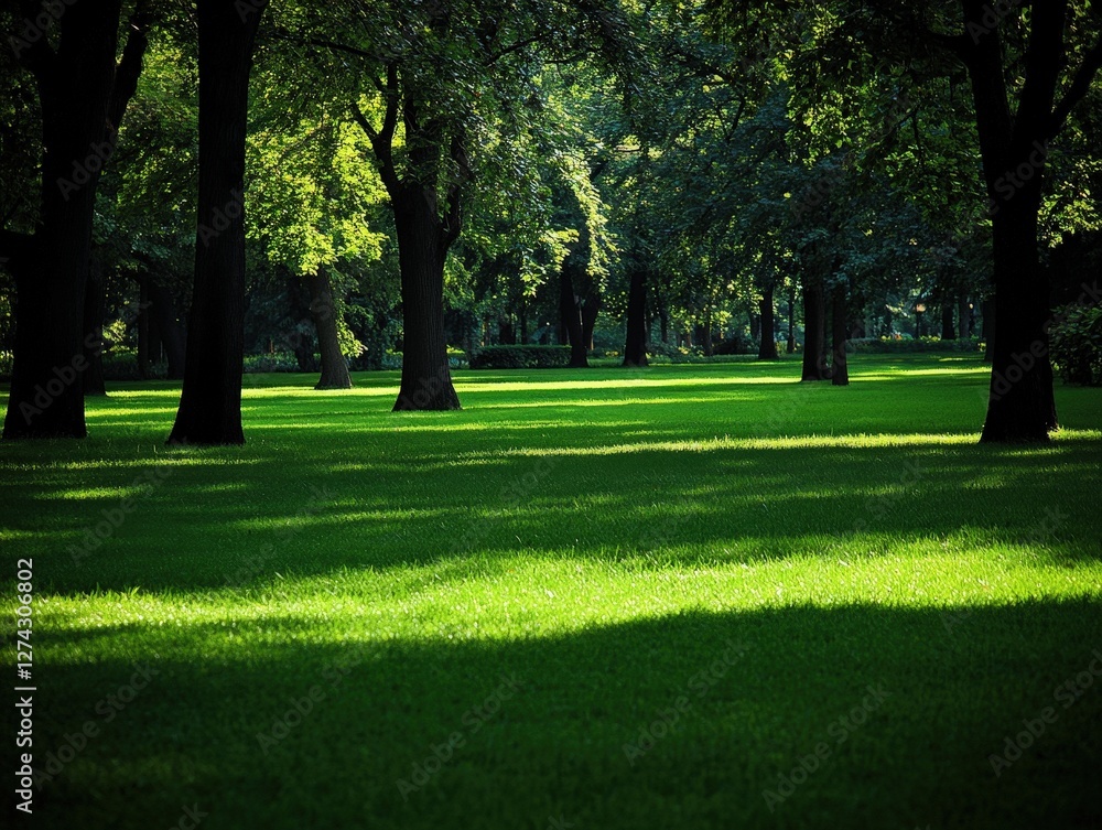 Fototapeta premium Green lawn in forest park during sunny day. Relax background for posters, website, or any media