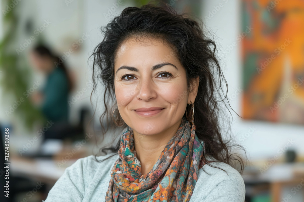 Hispanic middle aged businesswoman in a creative environment smiles confidently and warmly
Hispanic middle aged businesswoman in a creative environment smiles confidently and warmly