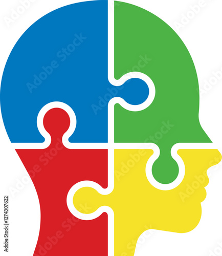 Colorful puzzle in shape of human head icon. Vector illustration.