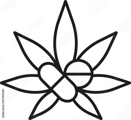Medicinal marijuana pills icon. Pills on leaf cannabis background. Vector. Line style.