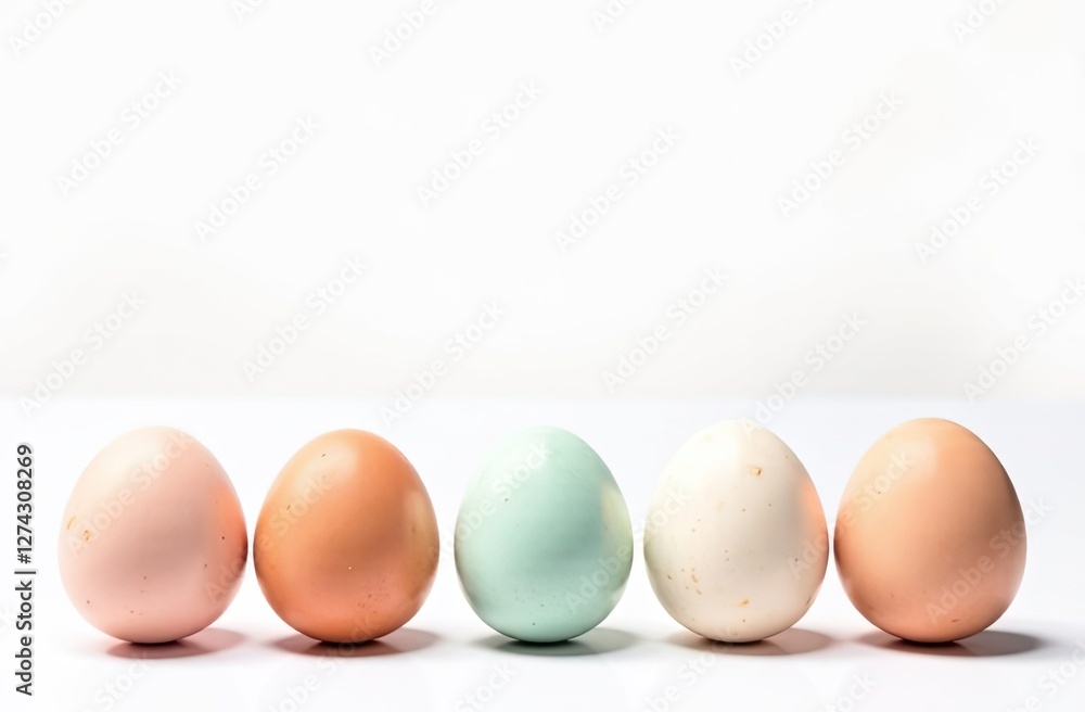 At the bottom of image are five eggs with free space on top of image for text, pastel colors eggs, white background. Easter banner with a space for text. At the bottom of image are five eggs with free space on top of image for text, pastel colors eggs, white background. Easter banner with a space for text.