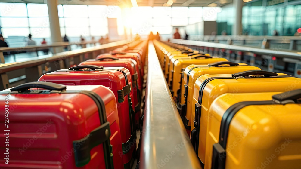Fototapeta premium A bunch of yellow and red suitcases at the airport - cargo control, baggage allowance and hand luggage parameters on the plane, security, check-in and delivery of personal belongings.