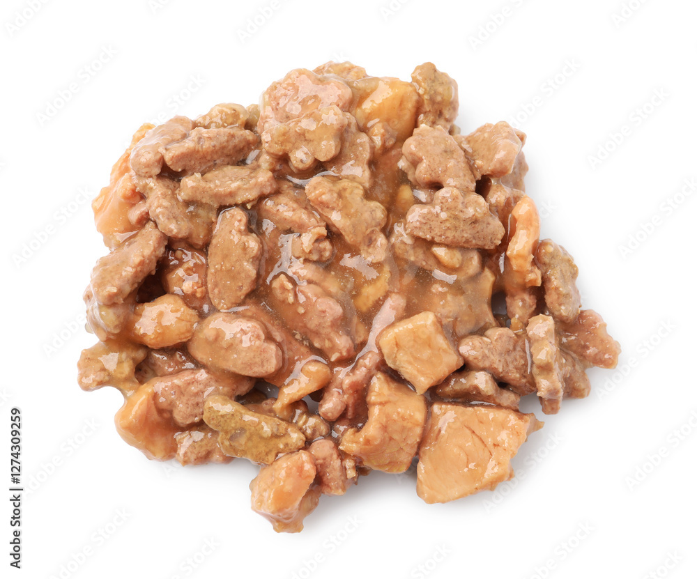 Pieces of wet pet food isolated on white, top view Pieces of wet pet food isolated on white, top view