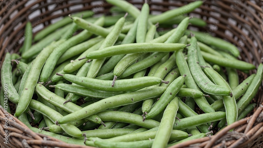 Freshly harvested green beans in wicker basket vibrant pods against rich soil Freshly harvested green beans in wicker basket vibrant pods against rich soil