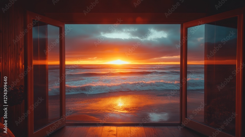 Ocean Sunset View From Open Doors Of A Coastal Cabin Ocean Sunset View From Open Doors Of A Coastal Cabin