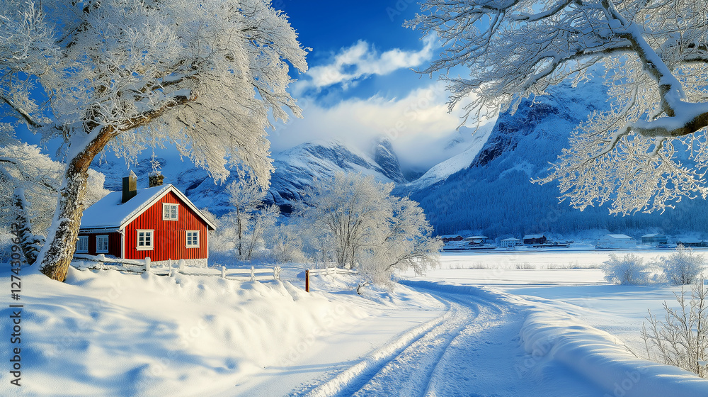 Fototapeta premium Charming red cabin in a snowy winter landscape for holiday postcards, travel magazines, and cozy seasonal backgrounds