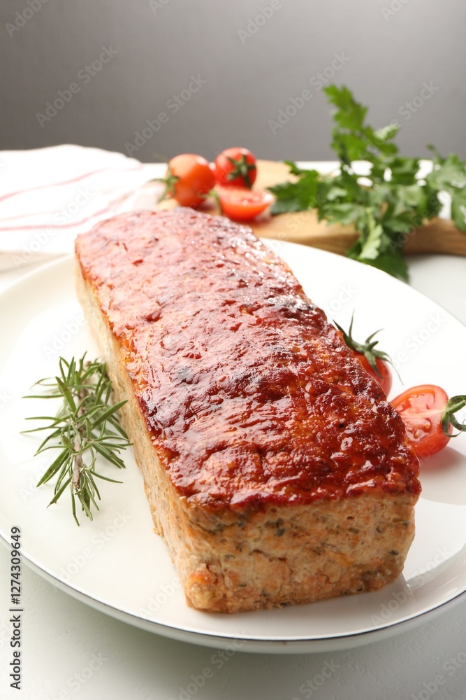 Delicious baked turkey meatloaf, rosemary, cherry tomatoes and parsley on white table, closeup