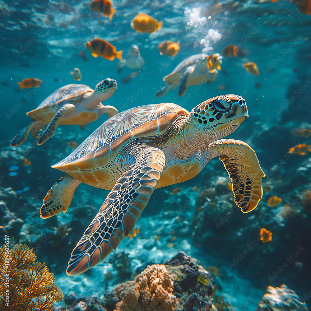 A group of sea turtles gracefully gliding over a coral reef, with bright schools of fish swimming nearby A group of sea turtles gracefully gliding over a coral reef, with bright schools of fish swimming nearby