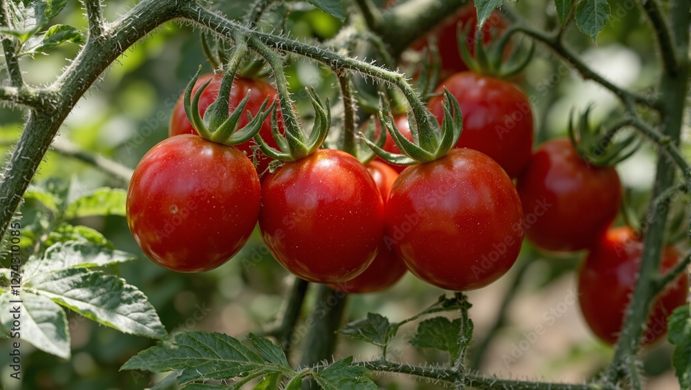 Obraz premium Ripe cherry tomatoes on vine glistening in sunlight among dark green leaves