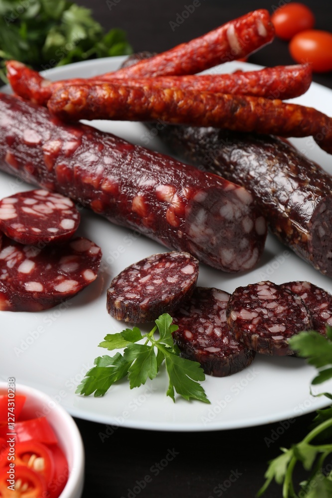 Different smoked sausages and spices on table, closeup Different smoked sausages and spices on table, closeup