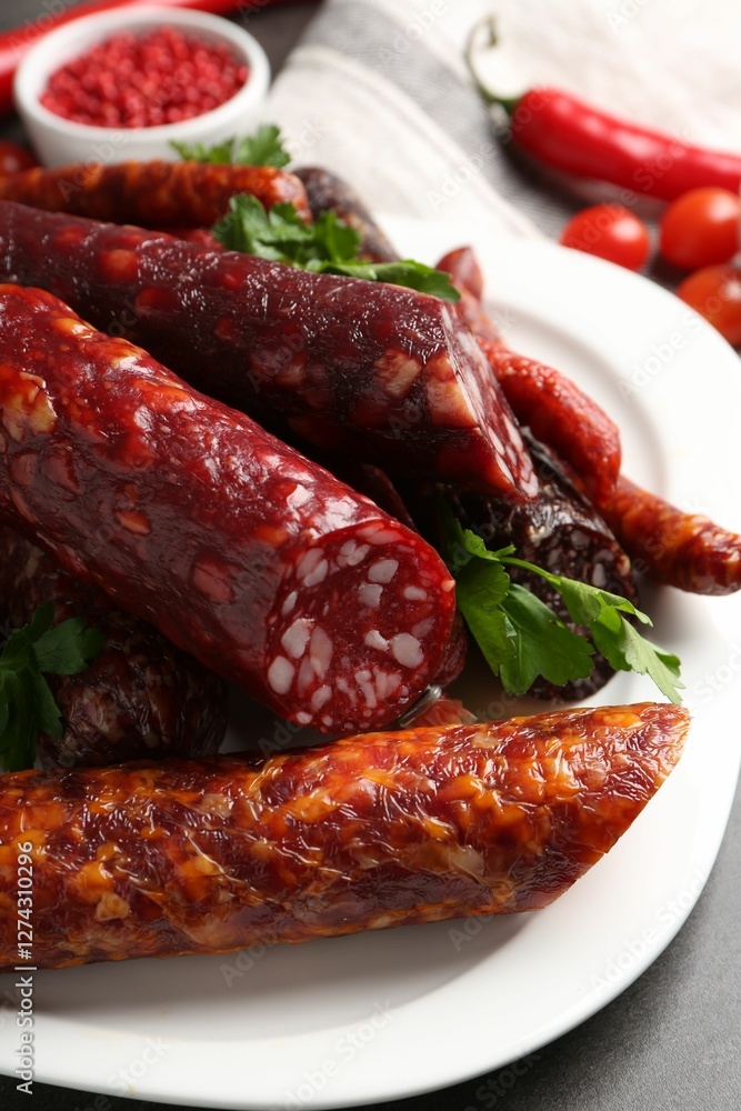 Different smoked sausages and parsley on grey table, closeup Different smoked sausages and parsley on grey table, closeup