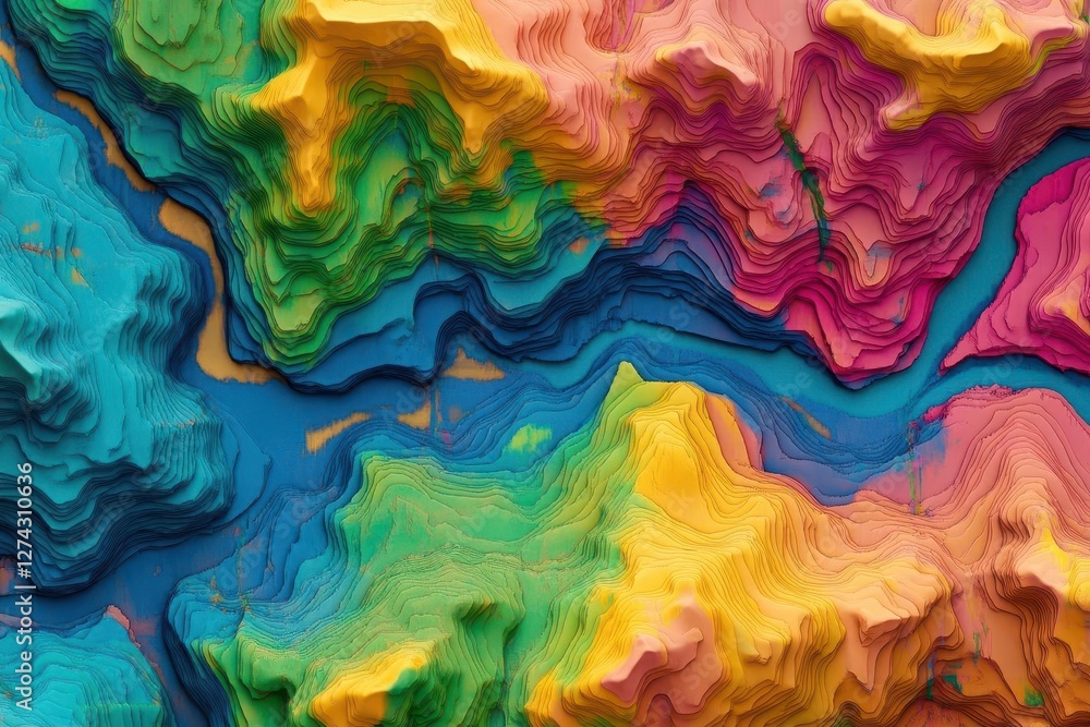 aerial 3d terrain visualization with data overlay, showing topographic features in vibrant colors and detailed elevation contours