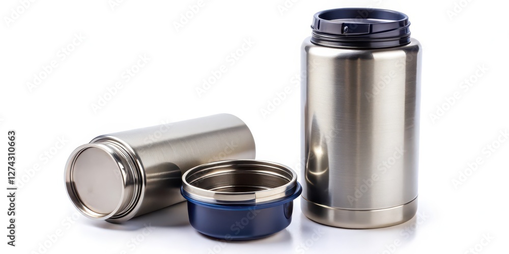 Stainless Steel Food Flask Set on White Background Stainless Steel Food Flask Set on White Background