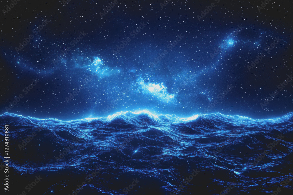 Obraz premium A serene view of a blue ocean under a starry night sky with reflections on the water surface