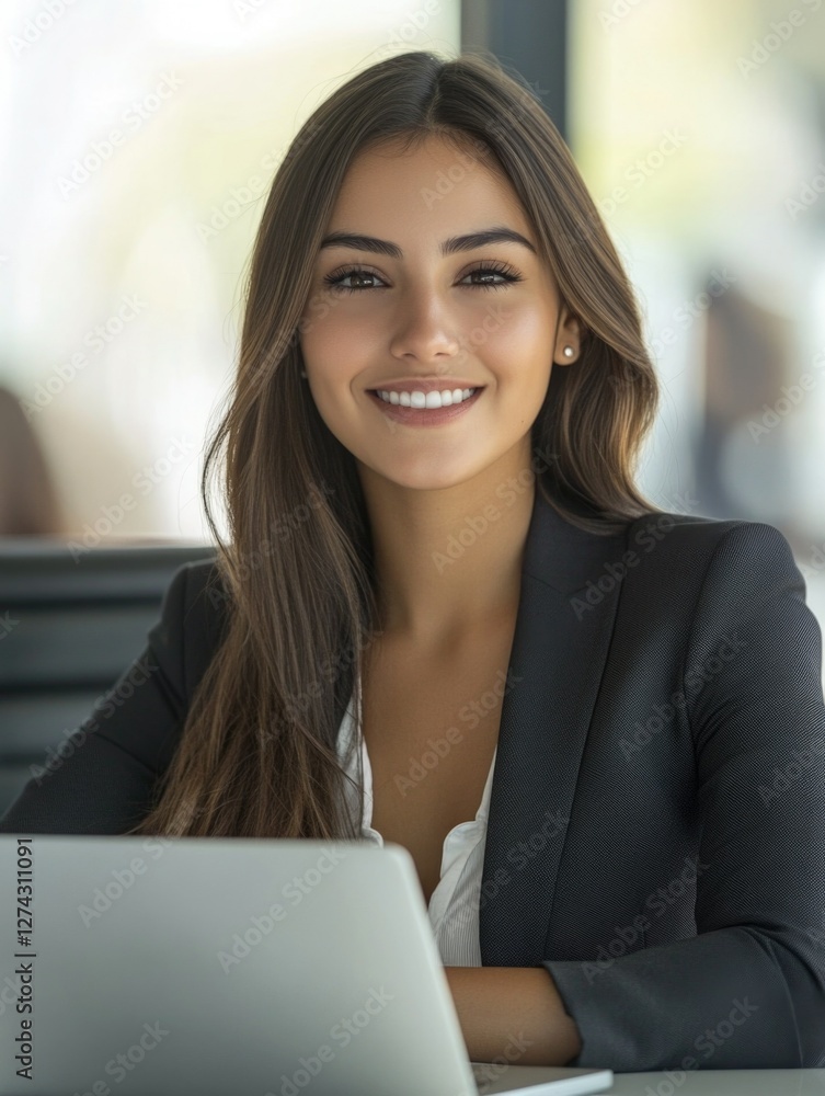 Woman sitting at desk, working on laptop, smiling confidently. Woman sitting at desk, working on laptop, smiling confidently.