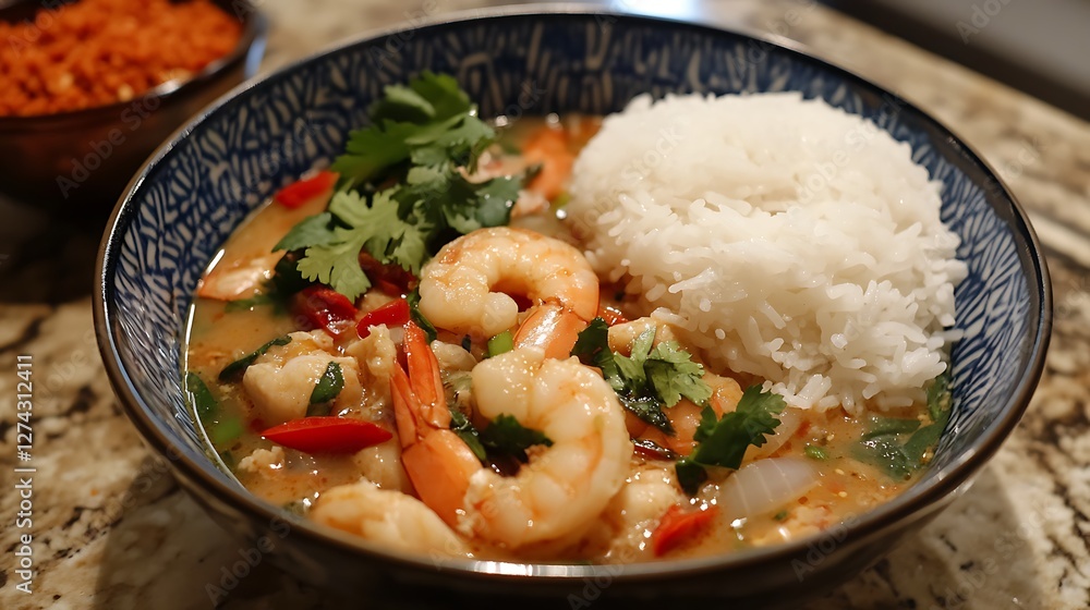 A complete meal presentation with a bowl of Tom Yum Goong A complete meal presentation with a bowl of Tom Yum Goong