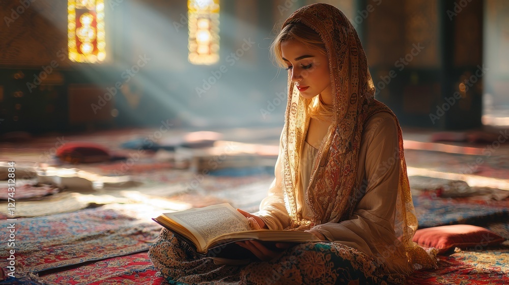 Fototapeta premium Young woman in traditional attire reading a book in a sunlit, ornate room with colorful carpets