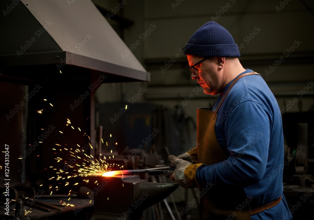 Blacksmith working with glowing metal sparks Blacksmith working with glowing metal sparks