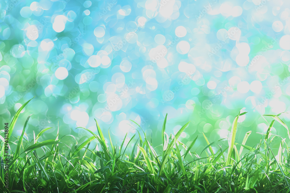 Fototapeta premium Green grass field under a bright blue sky with fluffy white clouds in a serene outdoor landscape