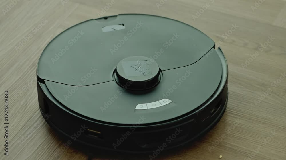Robot vacuum cleaner vacuuming the floor in the bedroom. Smart home with automated devices that simplify life. A smart vacuum cleaner cleans the floor. High quality 4k footage Robot vacuum cleaner vacuuming the floor in the bedroom. Smart home with automated devices that simplify life. A smart vacuum cleaner cleans the floor. High quality 4k footage
