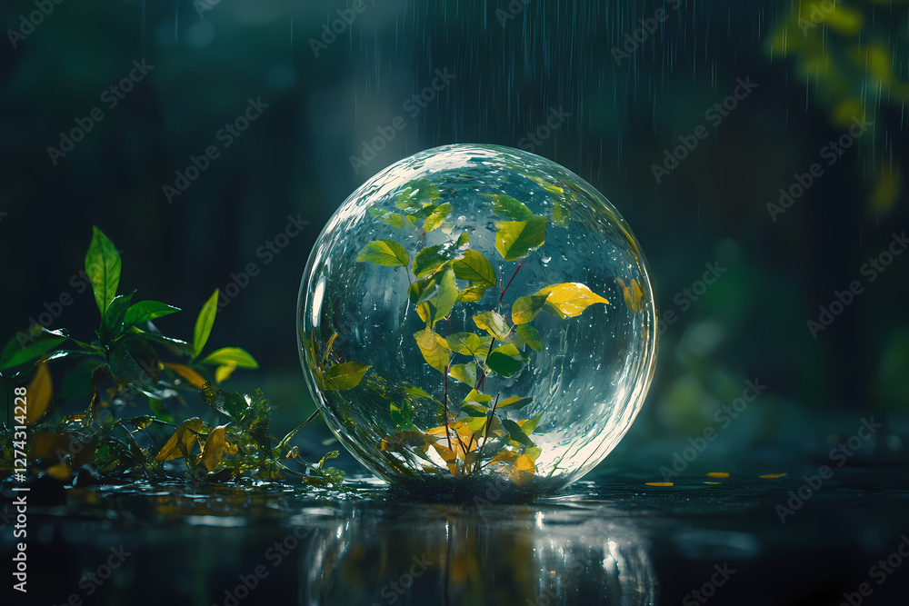 The Essence of Nature: Capturing the delicate dance between the elements, a glass orb cradles life, reflecting a world of rain and verdant foliage. The Essence of Nature: Capturing the delicate dance between the elements, a glass orb cradles life, reflecting a world of rain and verdant foliage.