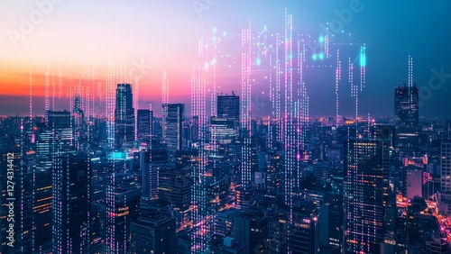 Wallpaper Mural futuristic city skyline with digital data graphs floating above, symbolizing urban economic growth and smart technology Torontodigital.ca