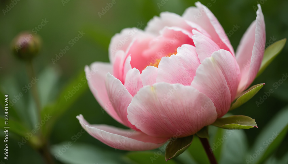 Fototapeta premium Close-Up of Blooming Pink Peony Flower, Soft Natural Lighting, Delicate Petals with Detailed Texture