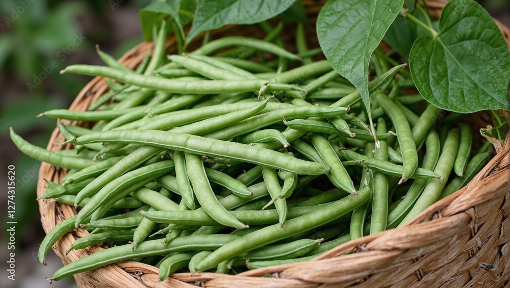Organic green beans in a rustic basket with vibrant foliage Organic green beans in a rustic basket with vibrant foliage